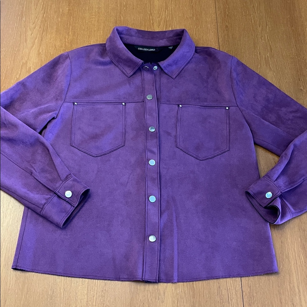 Colleen Lopez Purple Faux Suede Shirt Jacket, Snap Front, Pockets, Sz M